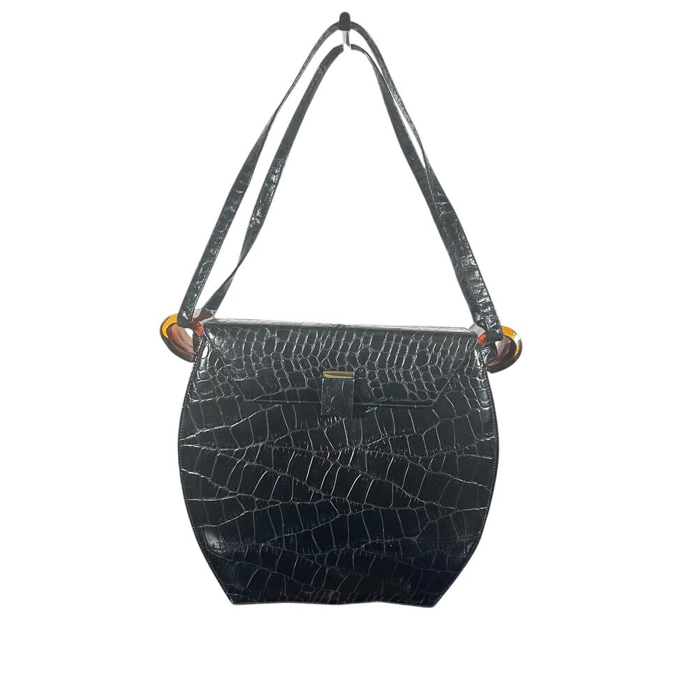 Crown Lewis Vintage Leather & Lucite Handbag Black Structured Shoulder Bag Retro